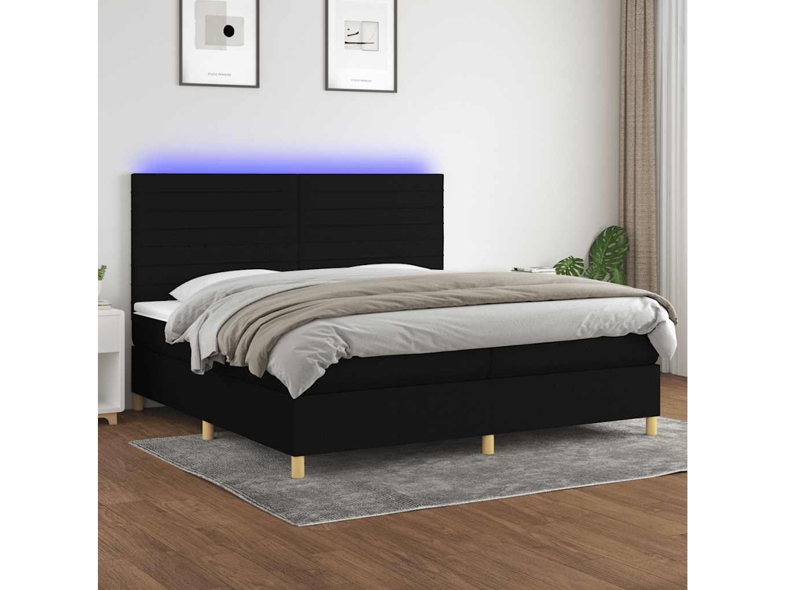 Vidaxl Cama Box Spring C/ Colchão E Led 200x200 Cm Tecido Preto