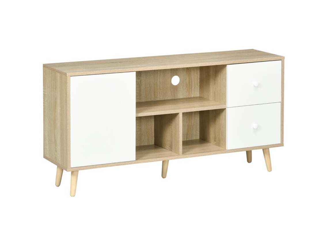 Suporte De Tv Escandinavo Para Tvs Até 45 Polegadas Com 3 Prateleiras E Armário Em Madeira Maciça 120x30x60 Cm