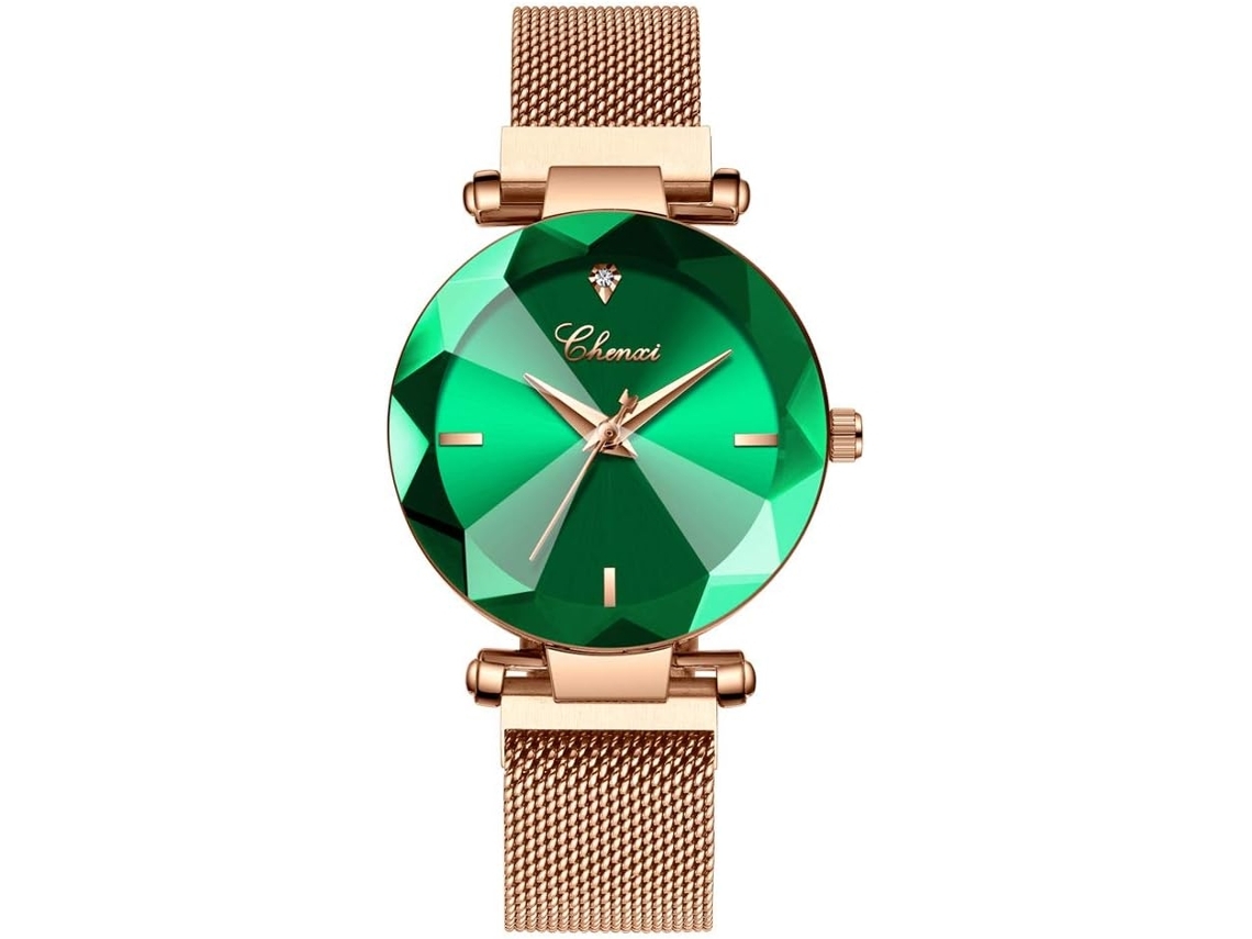 Relógio Feminino de Cristal Geométrico com Corte de Pedras Preciosas em 4 Cores Vestido Relógio de Pulso-Verde