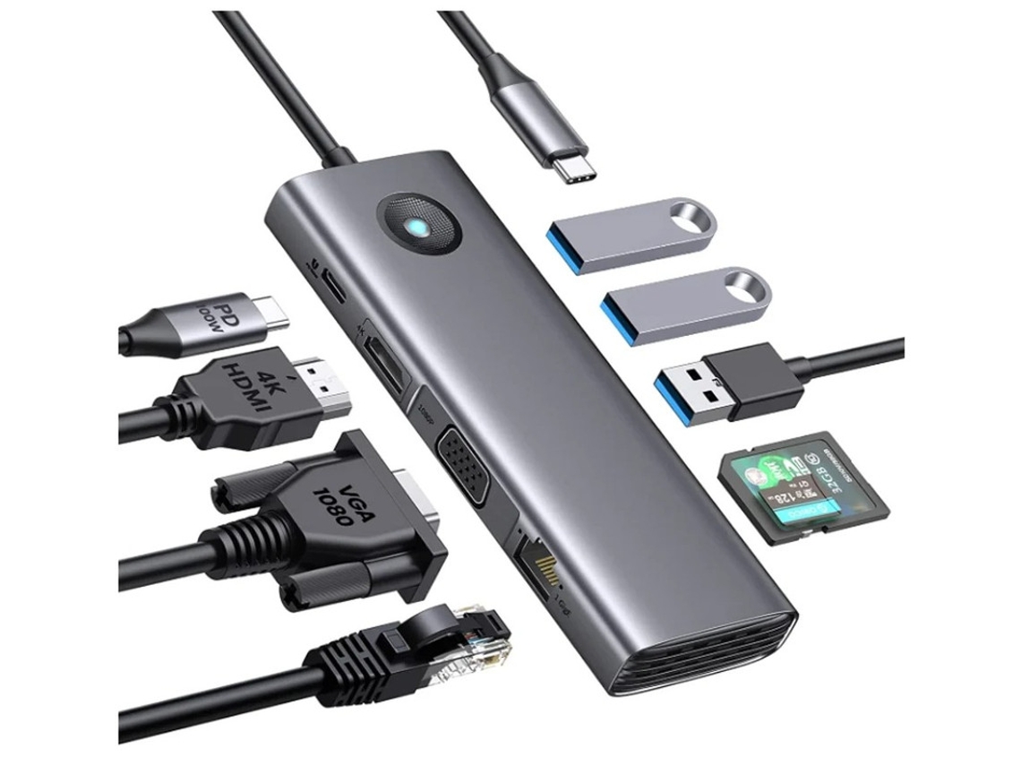 USB C Dock Station 9 em 1 USB C Dock com 1000 Mbps com HDMI 4kpd100w3usb3.0ethernetsd/tfvga Cinza Yizhood