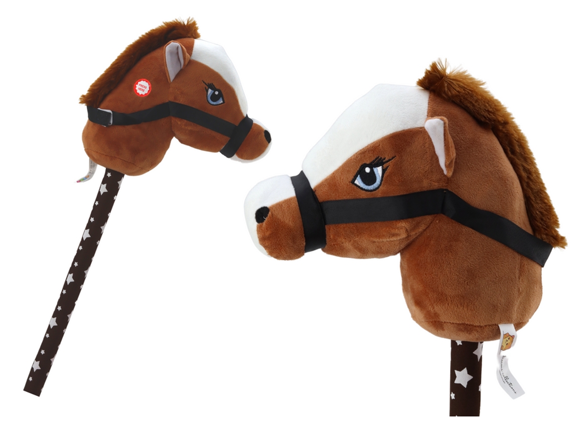 Cabeça De Cavalo De Pelúcia Em Um Pedaço De Pau Cavalo De Passeio Marrom Escuro De Pelo Curto Sons De Cavalo B.active