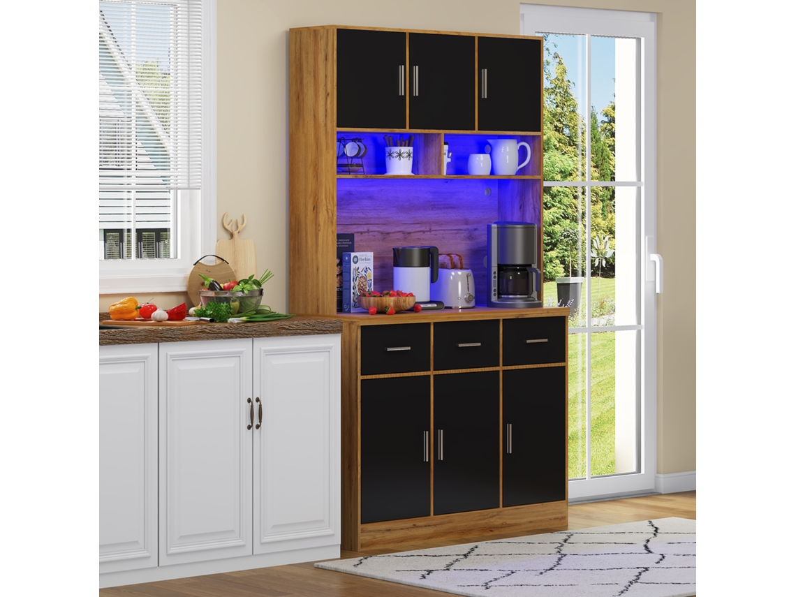 Buffet multifuncional de 100x40x180cm com iluminação LED, controle remoto, gavetas, mesas ajustáveis e suportes para cabos e bancadas.