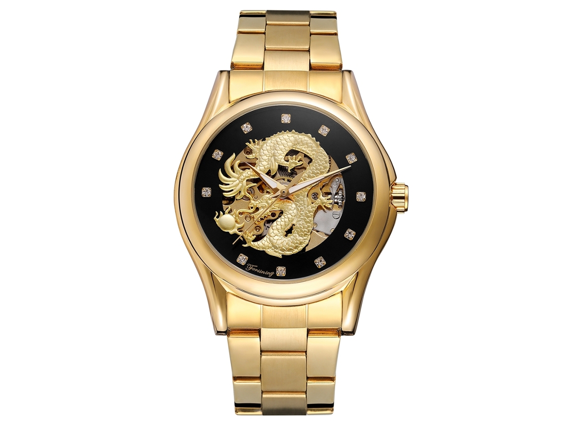 Relógio mecânico automático masculino Forsining Hollow Dragon (mostrador preto, pulseira dourada)