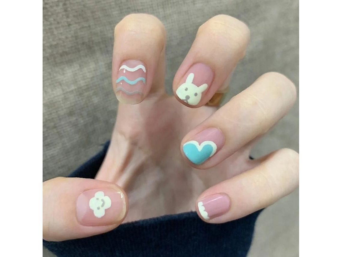 Dicas de Unhas Falsas Artificiais Diy Nuvem Coelho Coração Rosa Curto Removível 24pcs