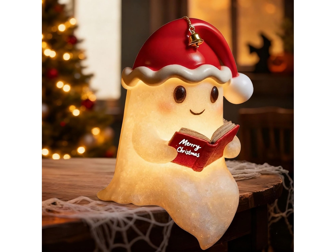 Luminária Fantasma Lendo Com Gorro De Papai Noel, Abajur Fantasma Fofo Para Lareira E Mesa, Presente Para Amantes De