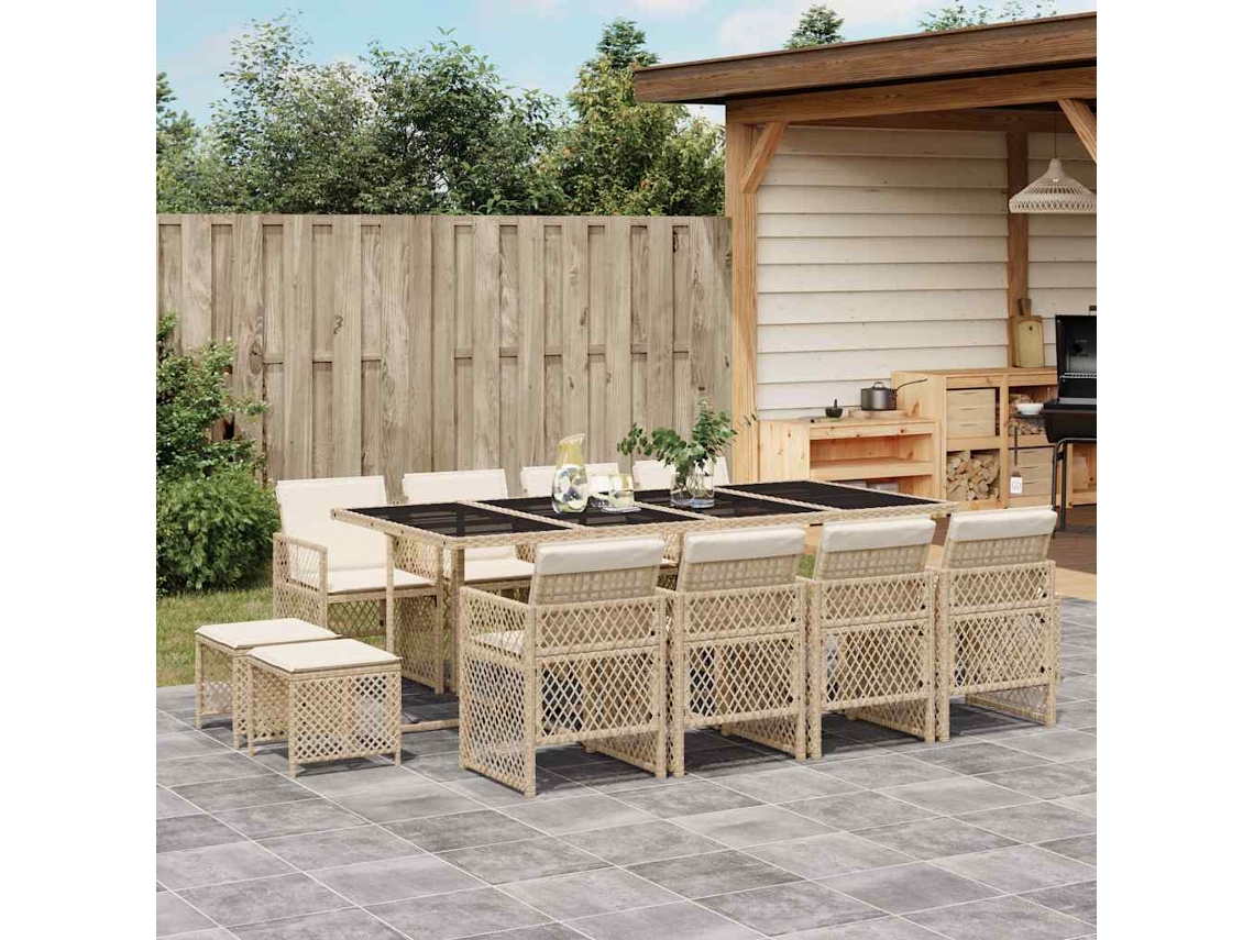 Vidaxl 13 Pcs Conjunto De Jantar P/ Jardim Com Almofadões Vime Pe Bege