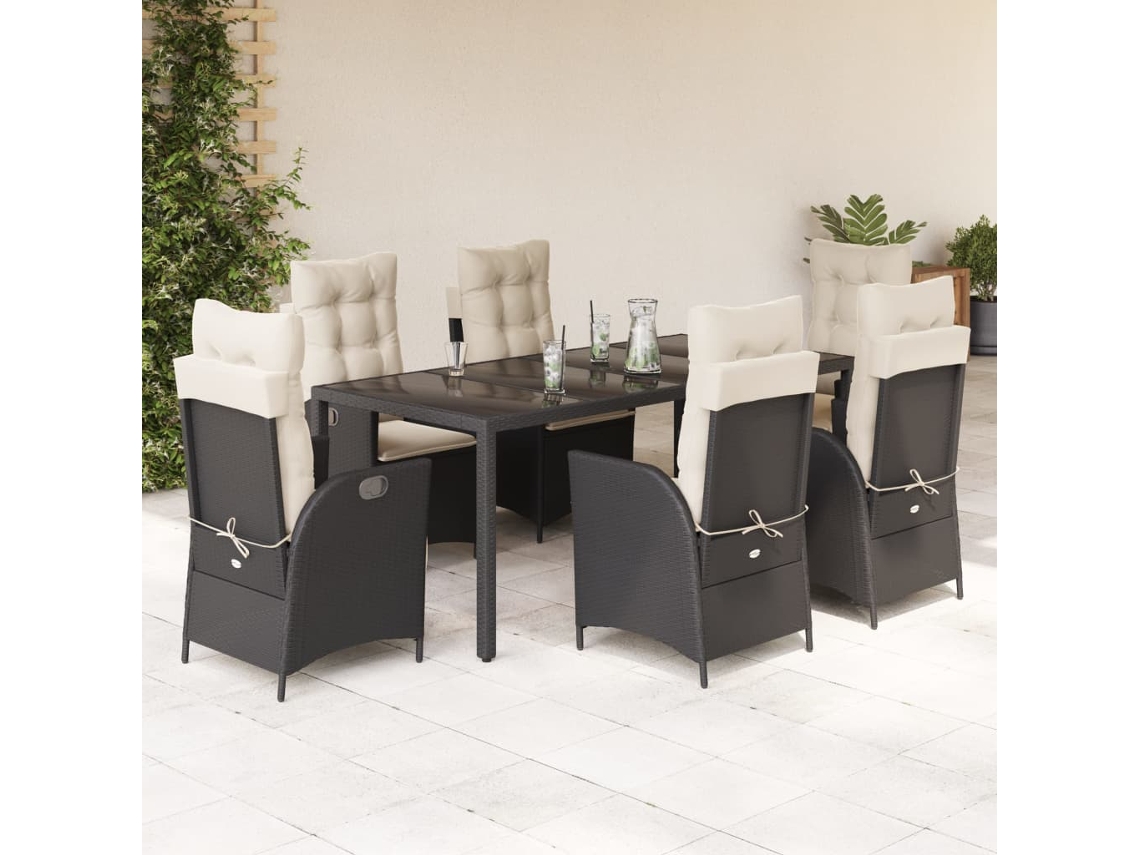 Vidaxl 7 Pcs Conjunto de Jantar P/ Jardim C/ Almofadões Vime Pe Preto