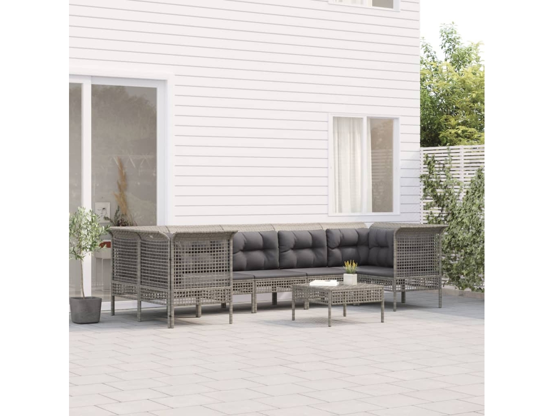 Vidaxl 8 Pcs Conjunto Lounge De Jardim C/ Almofadões Vime Pe Cinzento