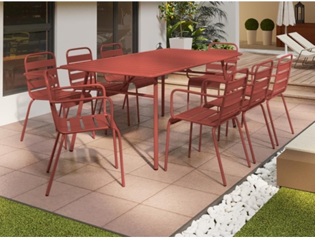 Comedor de Jardim de Metal com uma Mesa de 200 cm e 8 Cadeiras Empilháveis Terracota Mirmande de MYLIA