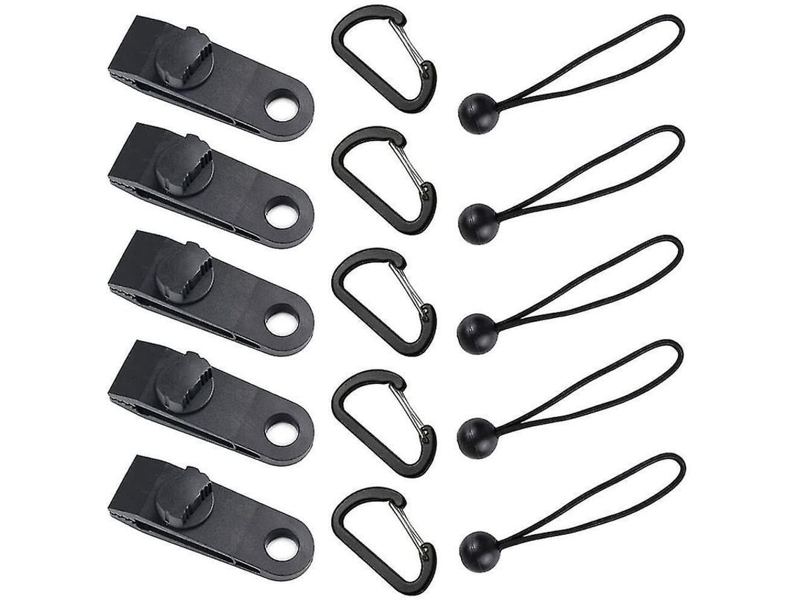 Conjunto De Clips Para Barraca: 5 Clips De Lona, 5 Fivelas Em D, 5 Cordões Elásticos - Total 15 Peças