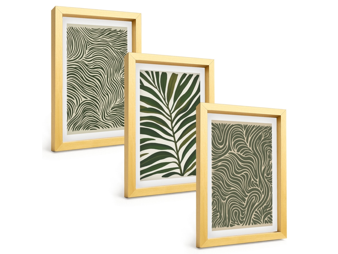 Quadros Decorativos Para Paredepadrões De Folhas Em Formas Onduladas Moldura Dourada Pinturas De Quarto Espelharte (3 Peças 20x30 Cm)