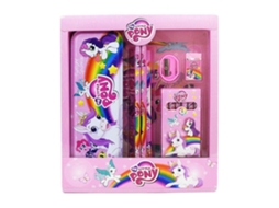 Conjunto de artigos de papelaria 6 em 1 para presente de aniversário com estampa para meninos e meninas, inclui estojo, lápis de cor, borracha, régua e