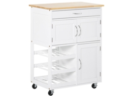 Carrinho De Cozinha Com Rodas Gaveta 2 Armários Armazenamento E 3 Prateleiras Abertas Para 9 Garrafas Para Sala Jantar 67x37x87cm Branco