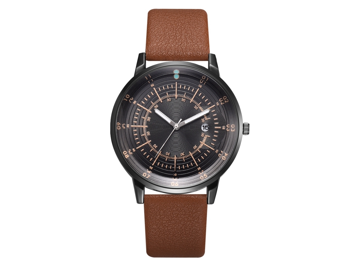 Relógio Masculino de Pulso de Quartzo com Cinta de Couro Pu e Calendário Marrom+preto+amarelo