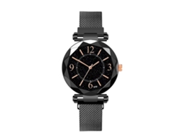 Relógio de pulso masculino casual e moderno com mostrador espelhado, mecanismo de quartzo e detalhes em preto.