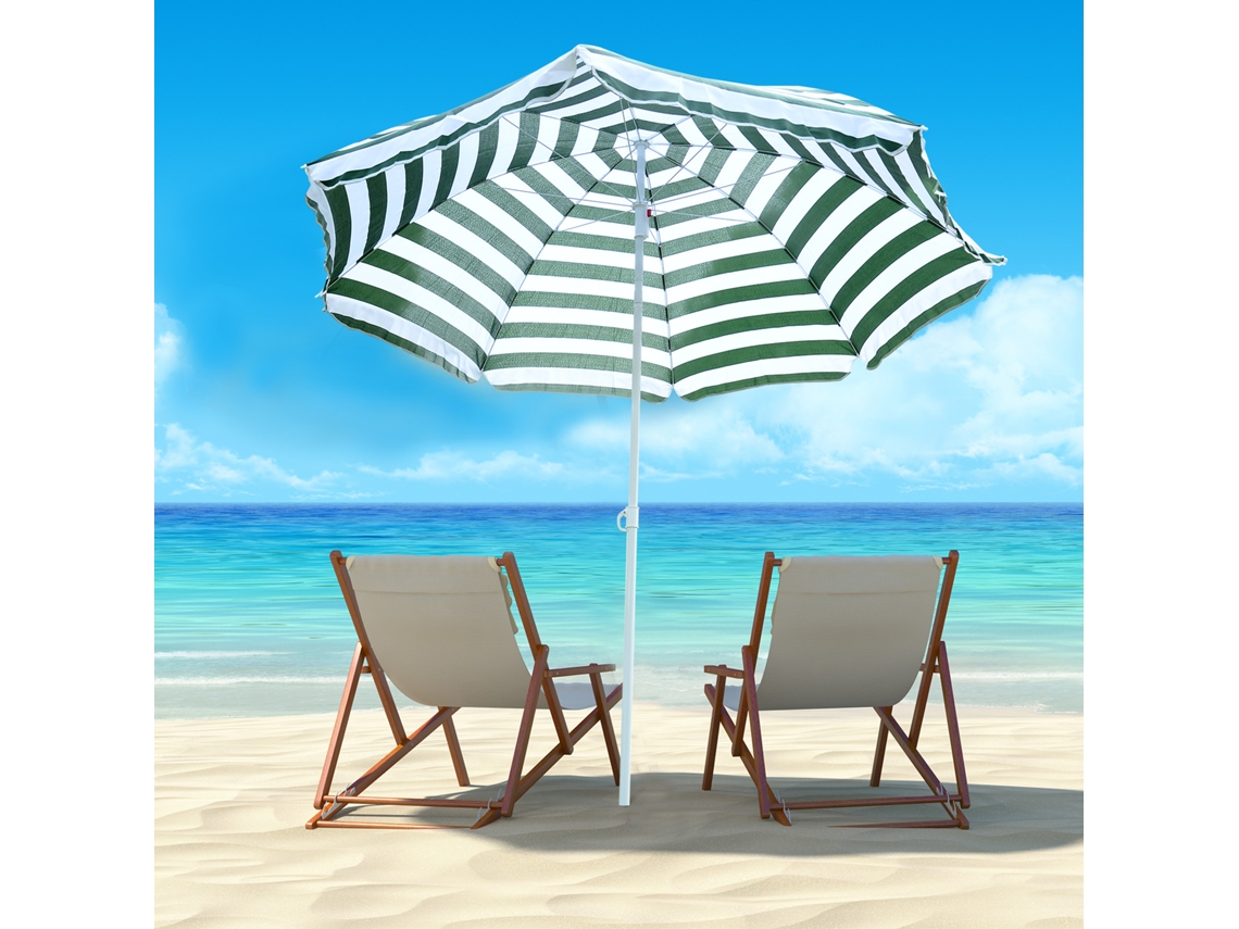 Guarda sol Praia Ø180cm Verde Branco Listras Teto Inclinável Mastro Metal Uv Jardim Terraço ZIWEI STORE