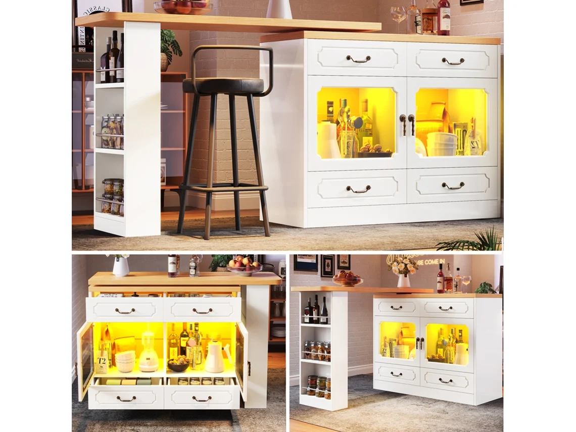 Mesa Bar Extensível Branca 135-203x39x92,8cm, Giratória 360°, Led, Telescópica.-hm
