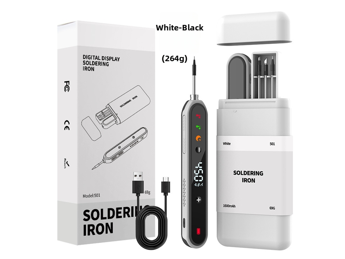 Ferro de soldar portátil USB de 15 W e 1600 mAh com temperatura ajustável de 180 °C a 450 °C e 3 pontos de solda, da Digitallab, nas cores branca e preta.