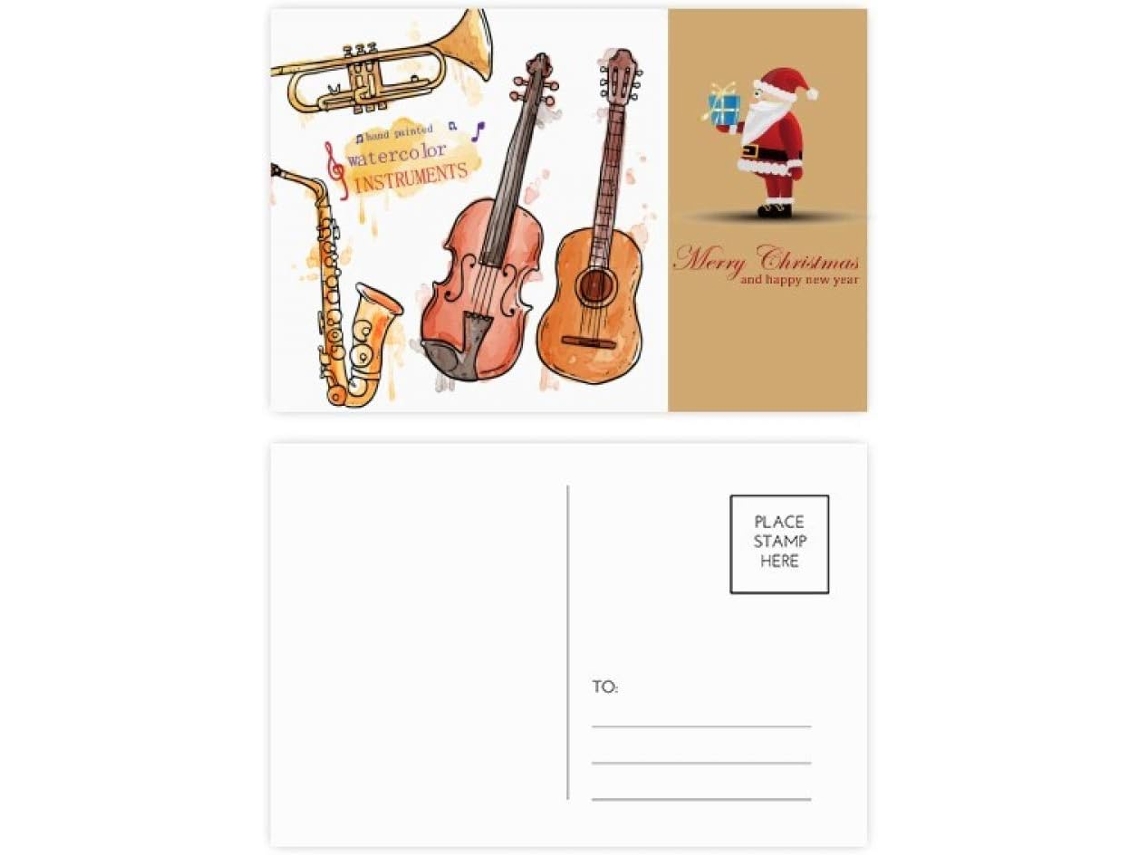 Conjunto de 20 Cartões postais com Papai Noel, Aquarela, Violão e Instrumentos Musicais. 14,6 X 9,8 Cm