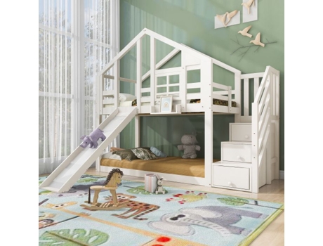 Cama Infantil 90x200 Cm, Com Escorregador E Cama Alta Com Proteção Contra Quedas, Branca, Mesa Inclusa - 2x Estrado De Ripas (colchão Não Incluso)