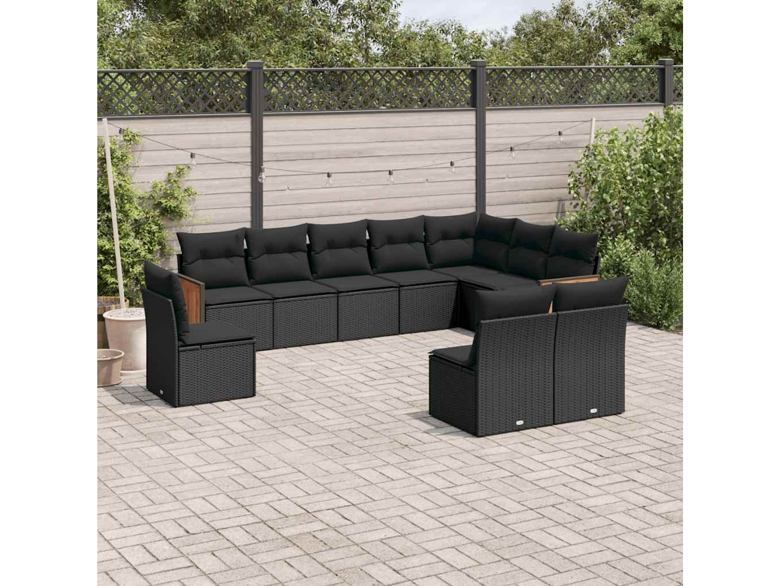 Vidaxl 10 Pcs Conjunto Sofás De Jardim C/ Almofadões Vime Pe Preto