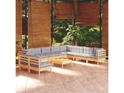 11pcs Conjunto Lounge De Jardim Almofadões Cinza Pinho Maciço Dkd Home Decor