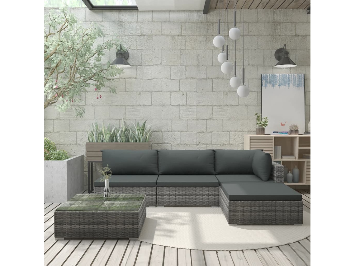 Vidaxl 5 Pcs Conjunto Lounge De Jardim C/ Almofadões Vime Pe Cinzento