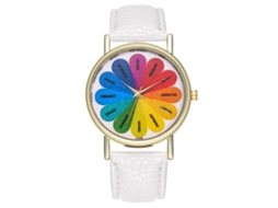 Relógio feminino casual de quartzo com pulseira de couro sintético e mostrador redondo branco.