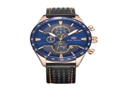 Relógio de pulso masculino redondo com pulseira de couro e movimento de quartzo (azul, ouro rosa e preto)