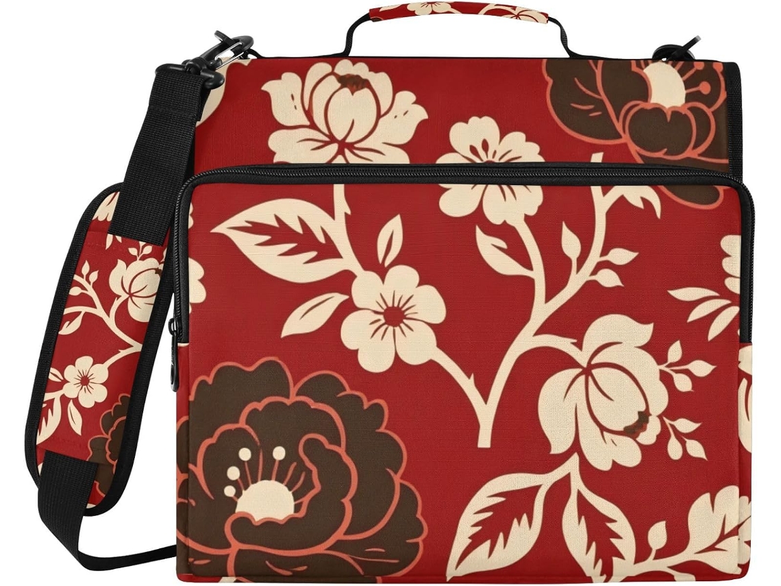 Pasta Resistente Com Zíper E Alça, Vários Bolsos Com Zíper, Estampa De Peônias Em Preto E Vermelho, Argolas De 7, 6x 3