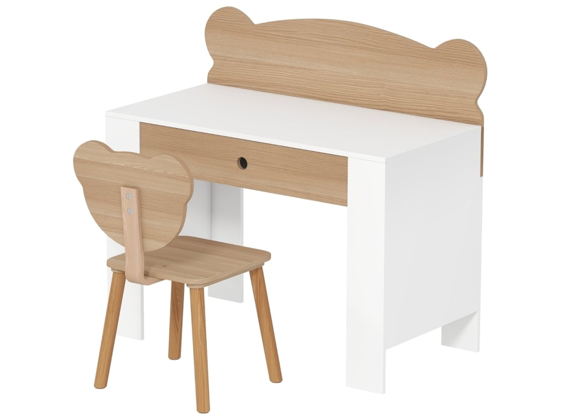Conjunto De Escrivaninha Infantil Natural Com Urso E Gaveta, Resistente E Duradoura