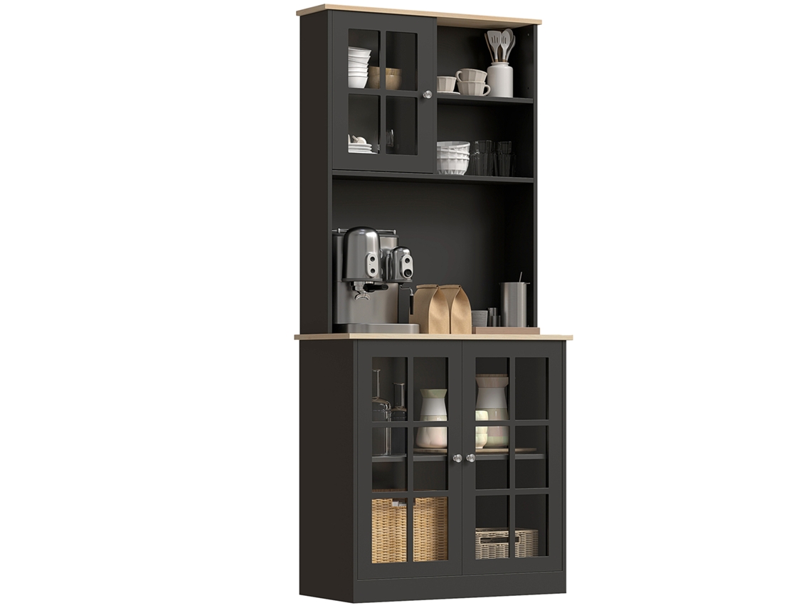Armário De Cozinha Com Prateleiras E Portas De Vidro Armário Alto De Cozinha Para Pequenos Eletrodomésticos E Louças 80x37x183 Cm Preto