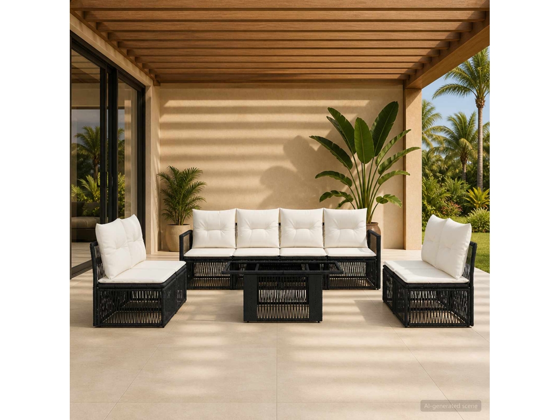 Vidaxl Conjunto De Sofá De Jardim 9 Unid. Preto E Branco Creme Vime Pe