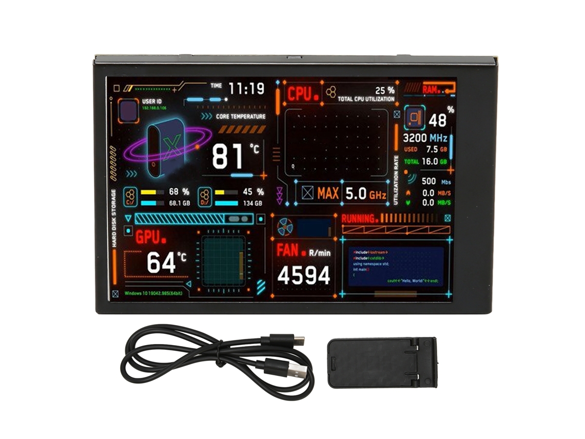Monitor De Temperatura Do Pc Com Tela Ips 3.5 Polegadas, Dimmable, Usb C Duplo, Editor De Temas E Personalizável Para Cpu Gpu Ram