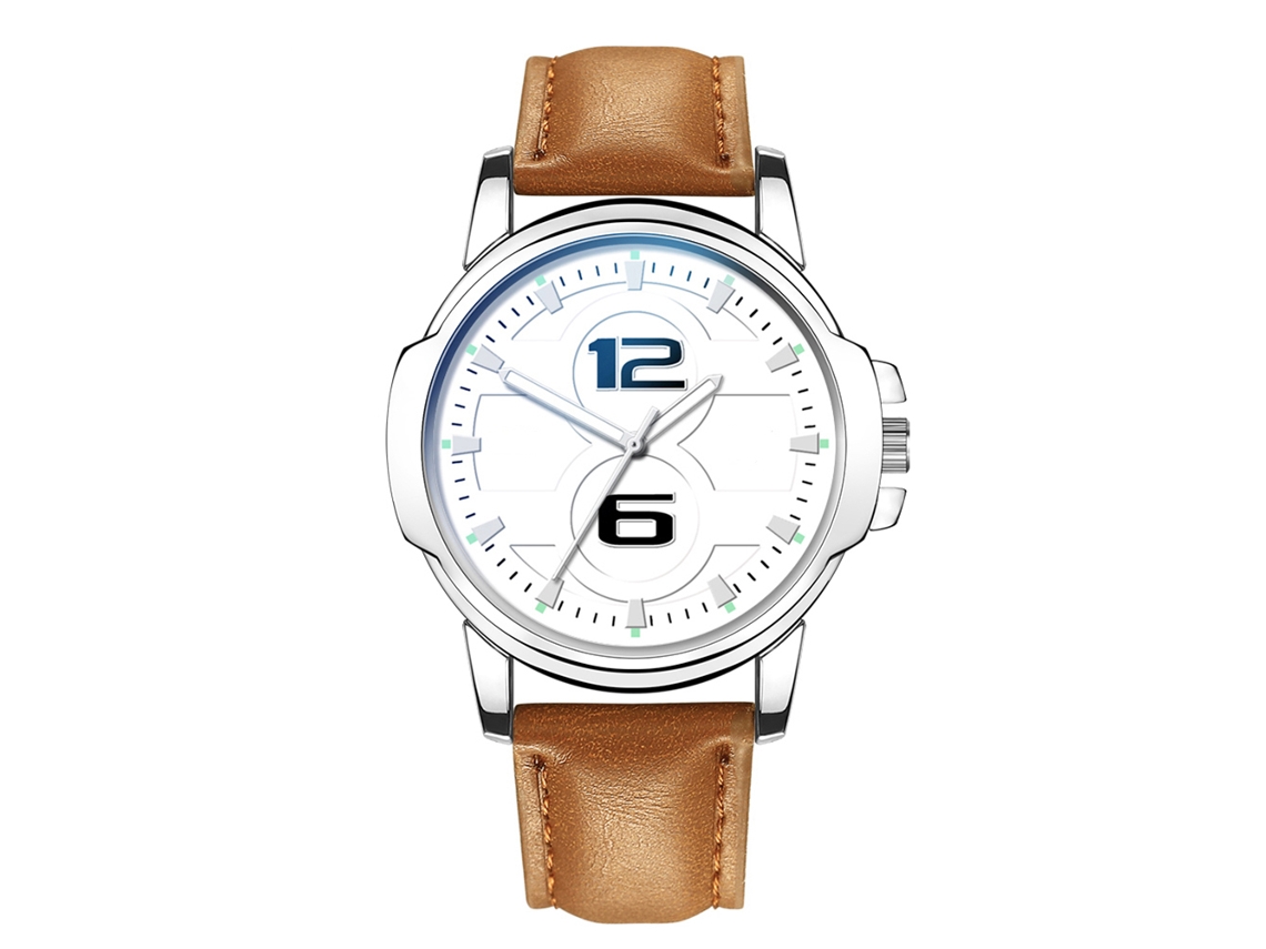 Relógio de pulso masculino com pulseira de couro, mostrador redondo, movimento analógico de quartzo (marrom claro e branco)