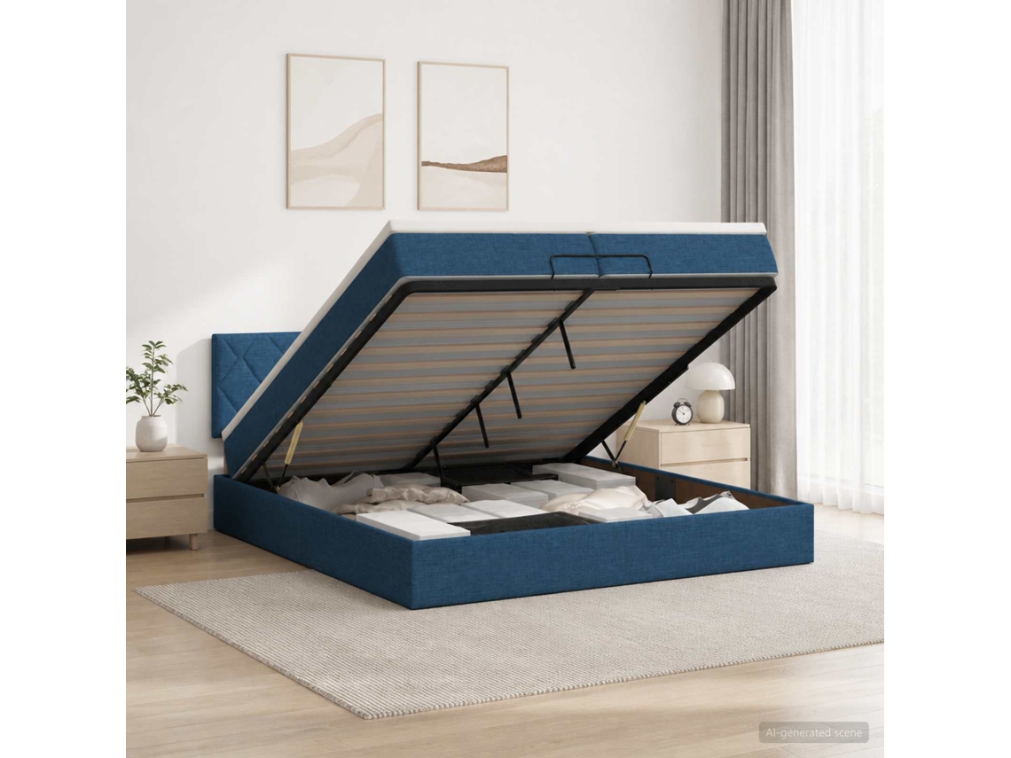 Vidaxl Cama Ottoman Com Colchão Com Cabeceira Azul 200 X 200 Cm Tecido
