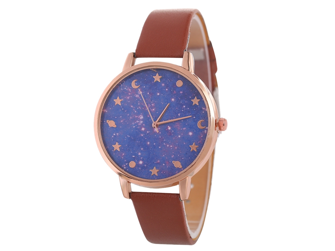 Relógio de Pulso Feminino Quartzo com Pulseira de Couro Café Esfera Céu Estrelado Roxo