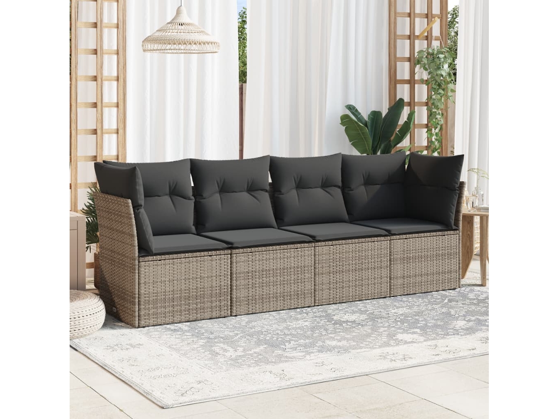 Vidaxl 4 Pcs Conjunto Sofás De Jardim C/ Almofadões Vime Pe Cinzento