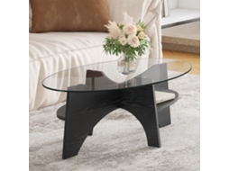 Mesa Lateral Oval 104,9x60cm: Vidro Segurança, Estrutura Leque. Mdf Madeira Preta.-hw