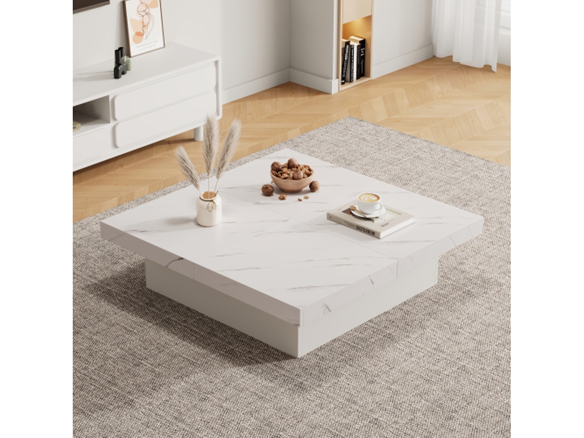 Mesa de Centro Quadrada Moderna BTFORUS Branca com Acabamento em Mármore, 4 Gavetas e Tampos Deslizantes, suporta Até 30 Kg (90x90x25 cm)
