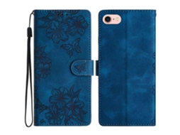 Capa De Couro Com Estampa De Borboleta E Flor Para Iphone 16e - Azul