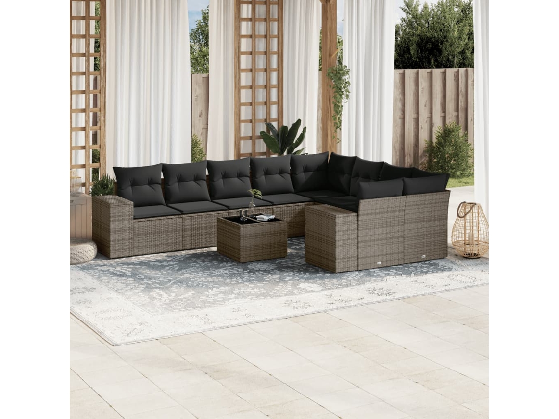Vidaxl 10 Pcs Conjunto Sofás De Jardim C/ Almofadões Vime Pe Cinzento