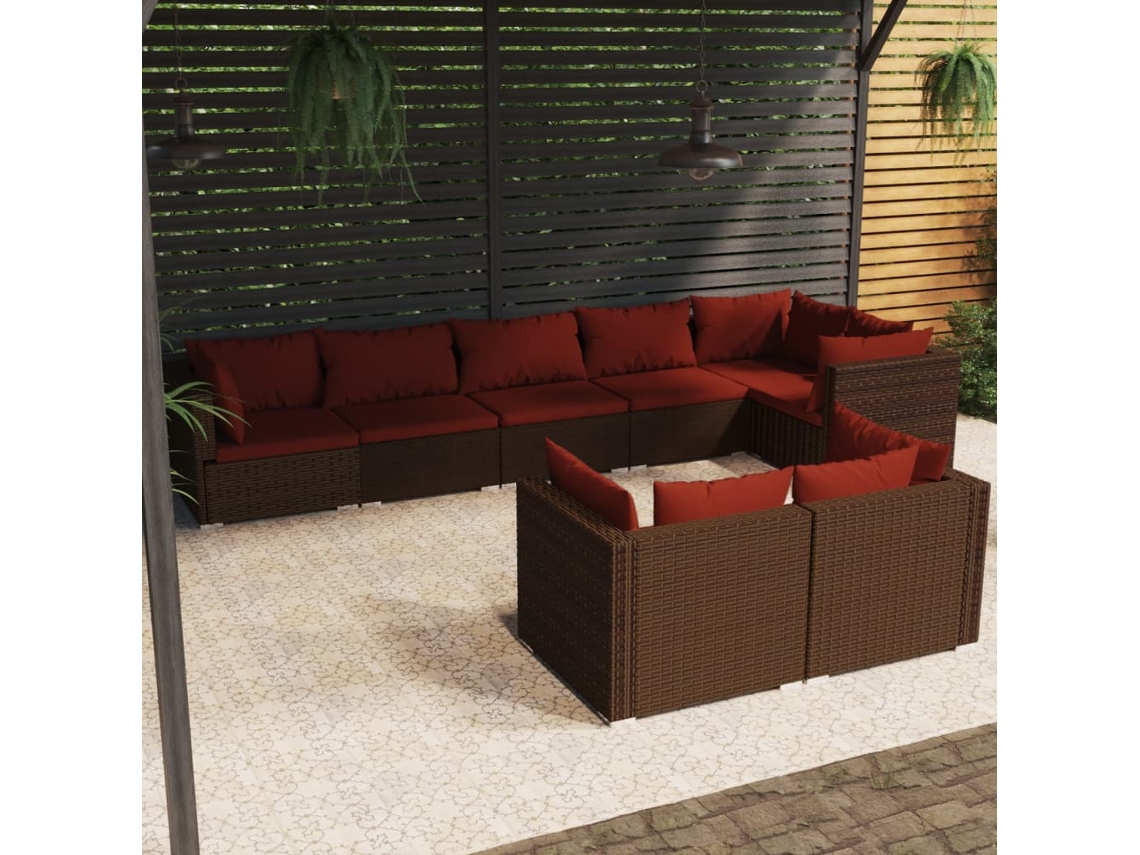 Vidaxl 8 Pcs Conjunto Lounge Jardim C/ Almofadões Vime Pe Castanho