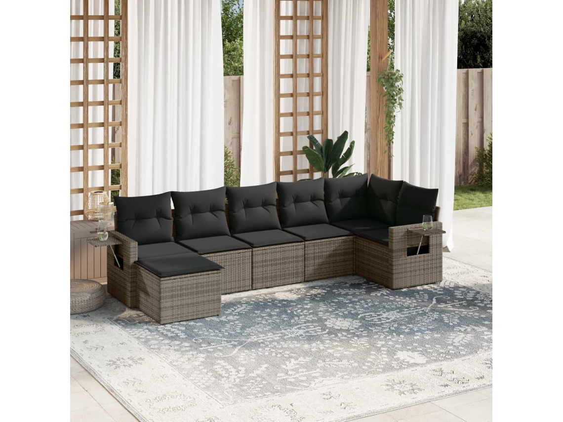 Vidaxl 7 Pcs Conjunto Sofás P/ Jardim C/ Almofadões Vime Pe Cinzento
