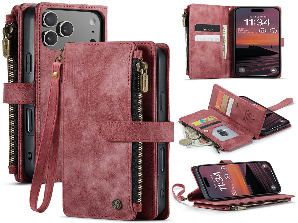 Lurelia Estojo Flip Iphone 14 Cordão Magnética Suporte Porta-cartões Couro Pu Tpu Vermelho Slim