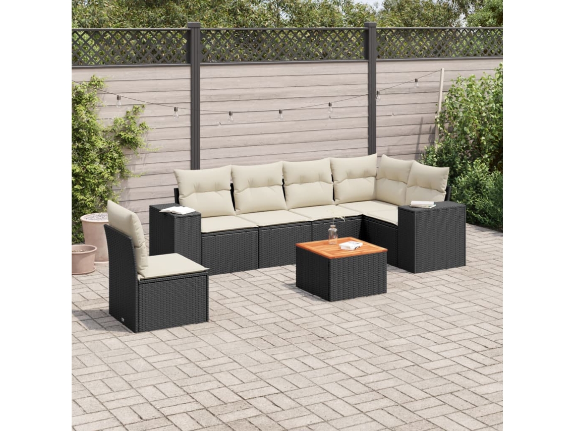 Jogo de Sofá 7 Peças P/ Jardim C/ Almofadões Vime Pe Preto Dkd Home Decor