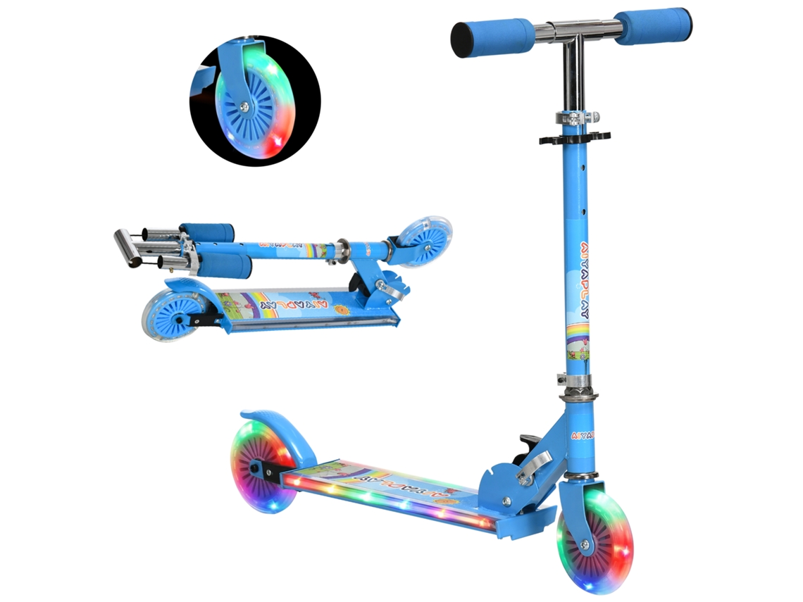 Scooter Infantil Dobrável com Luzes Musicais Altura Ajustável Rodas Brilhantes Carga Dos Pedais Led 50kg 67x32x65 78 Cm Azul Ge