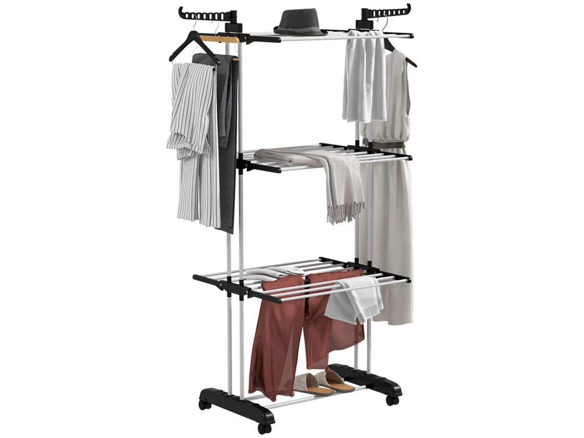 Estendal De Roupa Dobrável A 4 Níveis Com Asas Giratórias E 4 Rodas, Em Aço E Pp, 73x64x177 Cm, Preto