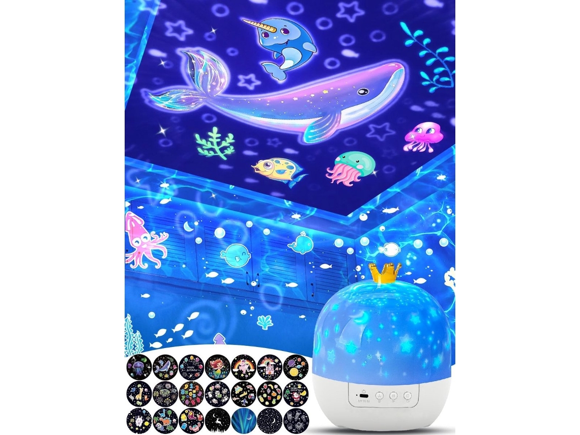 Projetor de Luz Noturna Infantil, 21 Cenários de Filmes e Projeção Céu Estrelado, Rotação de 360° no Teto, Ideal para Quartos e Berçários BRILVIBERA