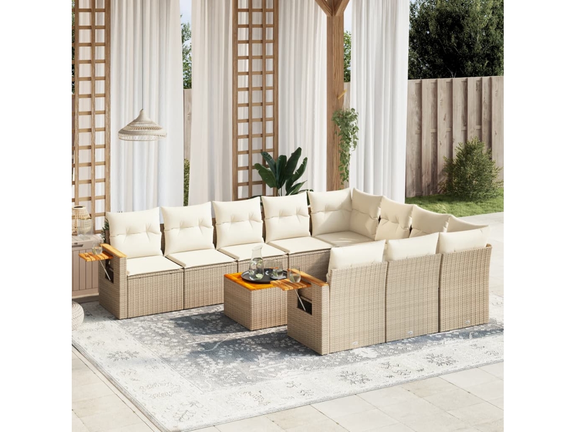 Vidaxl 11 Pcs Conjunto Sofás De Jardim C/ Almofadões Vime Pe Bege
